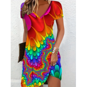 Women Abstract Short Sleeve Summer Dress V Neck Daily Casual Midi Fit & Flare Dress A-Line Dress