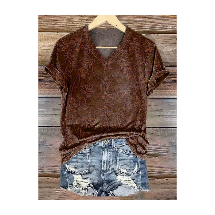 Women Floral Short Sleeve Tee T-shirt V Neck Printing Casual Summer Graphic Tee Top