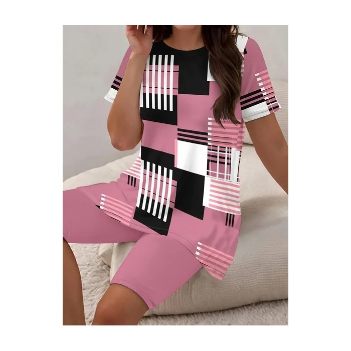 Women Abstract Stripes Printing Two-Piece Set Daily Short Sleeve Casual Summer Top With Pants Matching Set