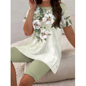 Women Floral Printing Two-Piece Set Daily Short Sleeve Casual Summer Top With Pants Matching Set