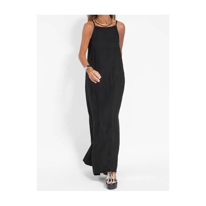 Women Plain Sleeveless Summer Split Joint Dress Crew Neck Daily Vintage Maxi Tank A-Line Dress