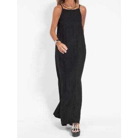 Women Plain Sleeveless Summer Split Joint Dress Crew Neck Daily Vintage Maxi Tank A-Line Dress