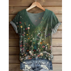 Women Floral Short Sleeve Tee T-shirt V Neck Printing Casual Summer Graphic Tee Top