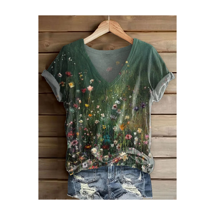 Women Floral Short Sleeve Tee T-shirt V Neck Printing Casual Summer Graphic Tee Top