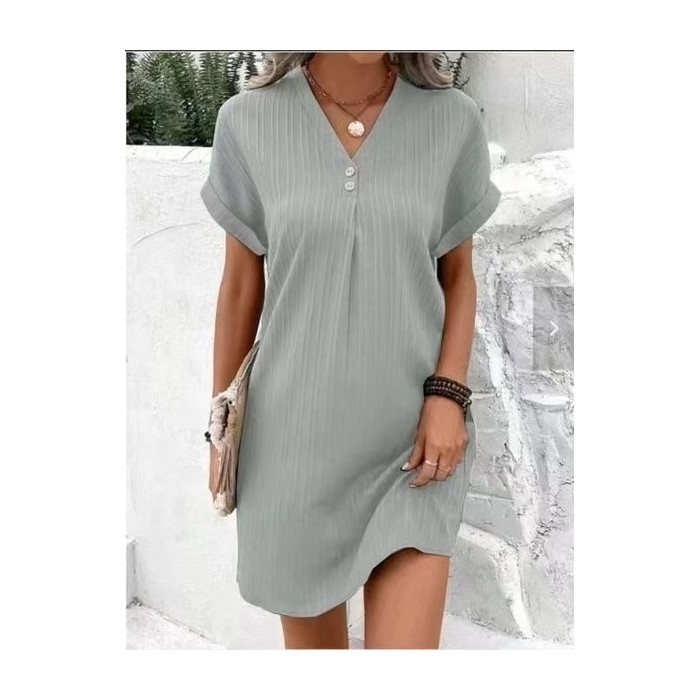Women Plain Short Sleeve Summer Split Joint Dress V Neck Daily Vintage Maxi Tank A-Line Dress
