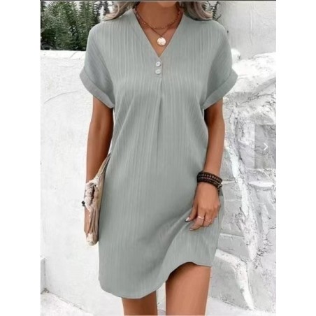 Women Plain Short Sleeve Summer Split Joint Dress V Neck Daily Vintage Maxi Tank A-Line Dress