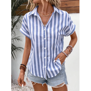 Women Striped Short Sleeve Shirt Summer Printing Shirt Collar Daily Casual Top
