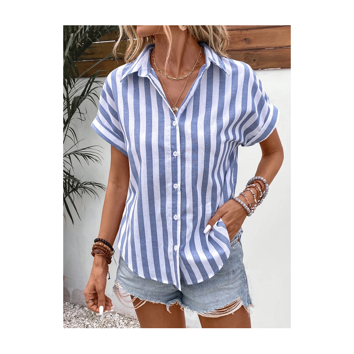 Women Striped Short Sleeve Shirt Summer Printing Shirt Collar Daily Casual Top