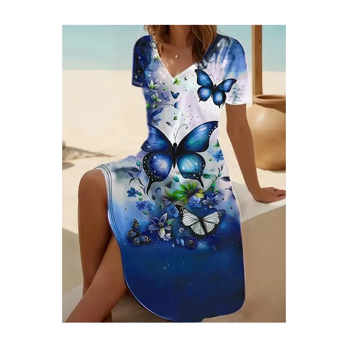 Women Floral Short Sleeve Summer Printing Dress V Neck Daily Casual Midi Fit & Flare Dress A-Line Dress