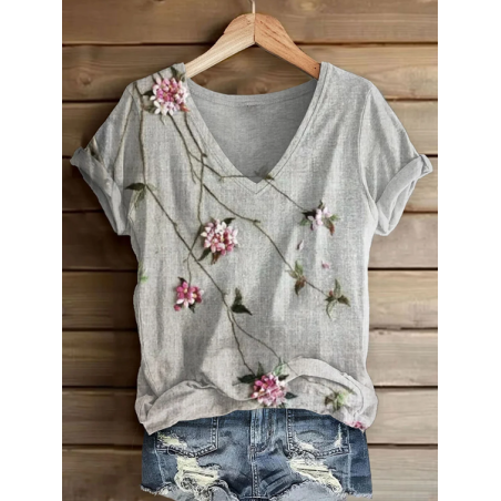 Women Floral Short Sleeve Tee T-shirt V Neck Printing Casual Summer Graphic Tee Top