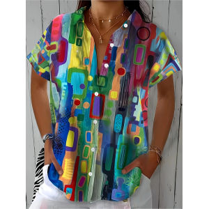 Women Abstract Short Sleeve Shirt Summer Printing Shirt Collar Daily Casual Top