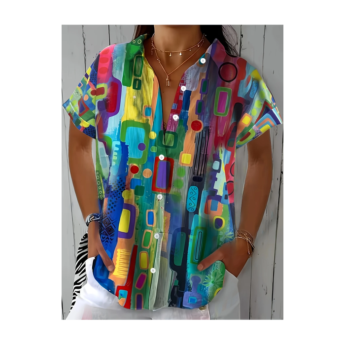 Women Abstract Short Sleeve Shirt Summer Printing Shirt Collar Daily Casual Top
