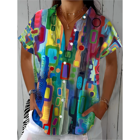 Women Abstract Short Sleeve Shirt Summer Printing Shirt Collar Daily Casual Top