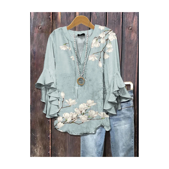 Women Floral Half Sleeve Shirt Summer Printing V Neck Daily Casual Top