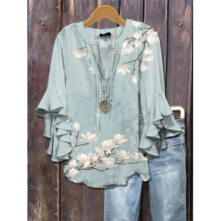 Women Floral Half Sleeve Shirt Summer Printing V Neck Daily Casual Top