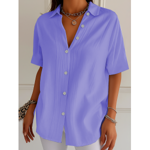 Women Plain Short Sleeve Shirt Summer Printing Shirt Collar Daily Casual Top