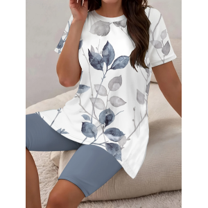 Women Floral Printing Two-Piece Set Daily Short Sleeve Casual Summer Top With Pants Matching Set