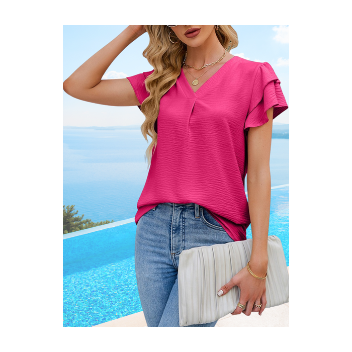 Women Plain Short Sleeve Tee T-shirt V Neck Casual Summer Top