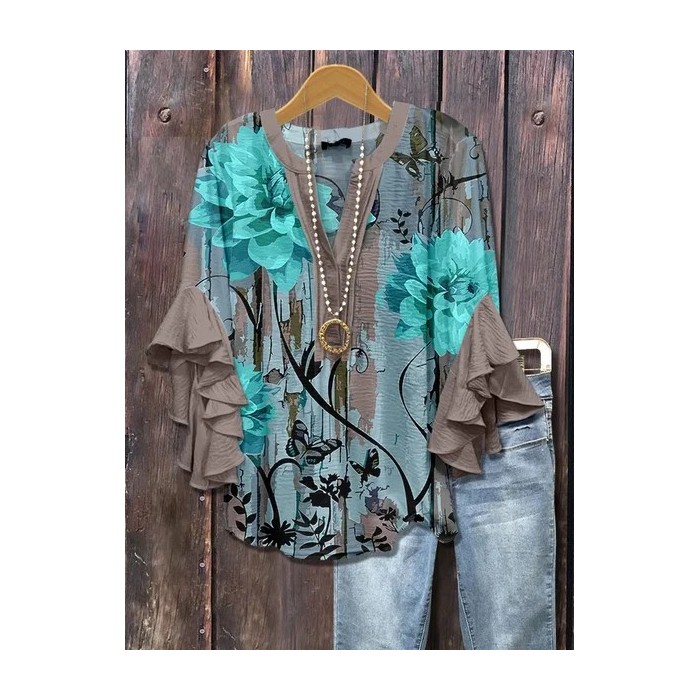 Women Floral Half Sleeve Shirt Summer Printing V Neck Daily Casual Top