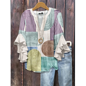 Women Abstract Half Sleeve Shirt Summer Printing V Neck Daily Casual Top