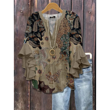 Women Floral Half Sleeve Shirt Summer Printing V Neck Daily Casual Top