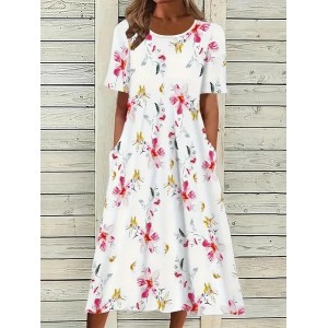 Women Floral Half Sleeve Summer Printing Dress Crew Neck Daily Casual Maxi A-Line Dress
