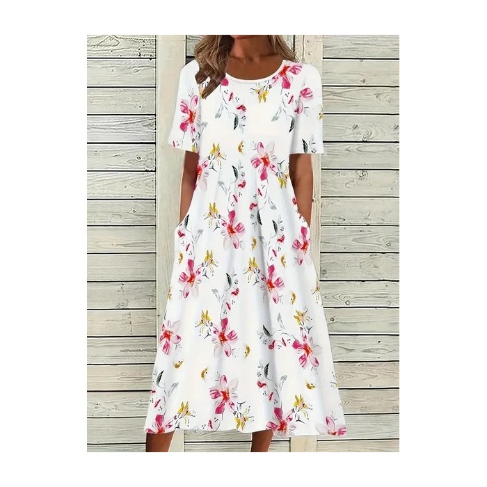 Women Floral Half Sleeve Summer Printing Dress Crew Neck Daily Casual Maxi A-Line Dress