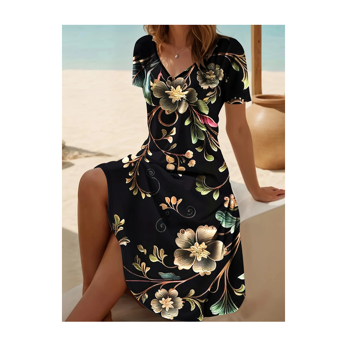 Women Floral Short Sleeve Summer Dress V Neck Daily Casual Midi Fit & Flare Dress A-Line Dress