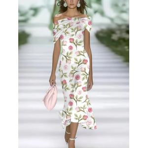 Women Floral Cap Sleeve Summer Printing Dress Cold Shoulder Daily Vintage Maxi H-Line Dress