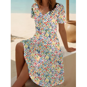 Women Floral Short Sleeve Summer Printing Dress V Neck Daily Casual Midi Fit & Flare Dress A-Line Dress