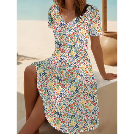 Women Floral Short Sleeve Summer Printing Dress V Neck Daily Casual Midi Fit & Flare Dress A-Line Dress