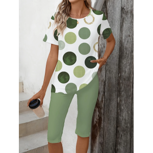 Women Polka Dots Printing Two-Piece Set Daily Short Sleeve Casual Summer Top With Pants Matching Set