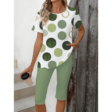 Women Polka Dots Printing Two-Piece Set Daily Short Sleeve Casual Summer Top With Pants Matching Set