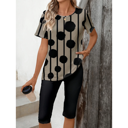 Women Polka Dots Printing Two-Piece Set Daily Short Sleeve Casual Summer Top With Pants Matching Set