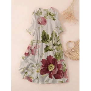 Women Floral Three Quarter Sleeve Spring/Fall Printing Dress Crew Neck Daily Casual Maxi Classic H-Line Dress