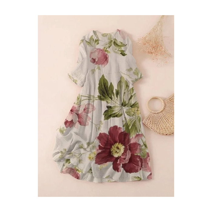 Women Floral Three Quarter Sleeve Spring/Fall Printing Dress Crew Neck Daily Casual Maxi Classic H-Line Dress