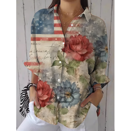 Women Floral Three Quarter Sleeve Shirt Spring/Fall Printing Shirt Collar Daily Casual Top