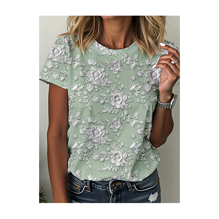 Women Floral Short Sleeve Tee T-shirt Crew Neck Printing Casual Summer Graphic Tee Top