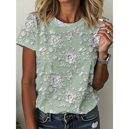 Women Floral Short Sleeve Tee T-shirt Crew Neck Printing Casual Summer Graphic Tee Top