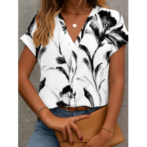 Women Floral Short Sleeve Shirt Summer Printing V Neck Daily Casual Top