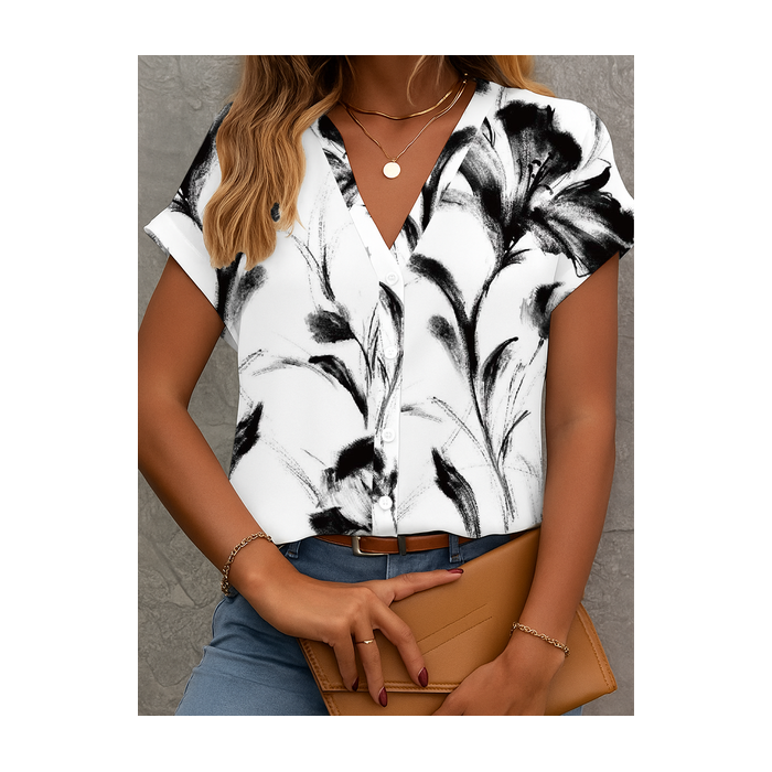Women Floral Short Sleeve Shirt Summer Printing V Neck Daily Casual Top