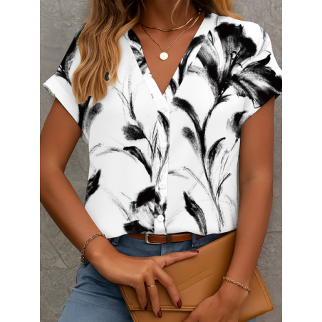 Women Floral Short Sleeve Shirt Summer Printing V Neck Daily Casual Top