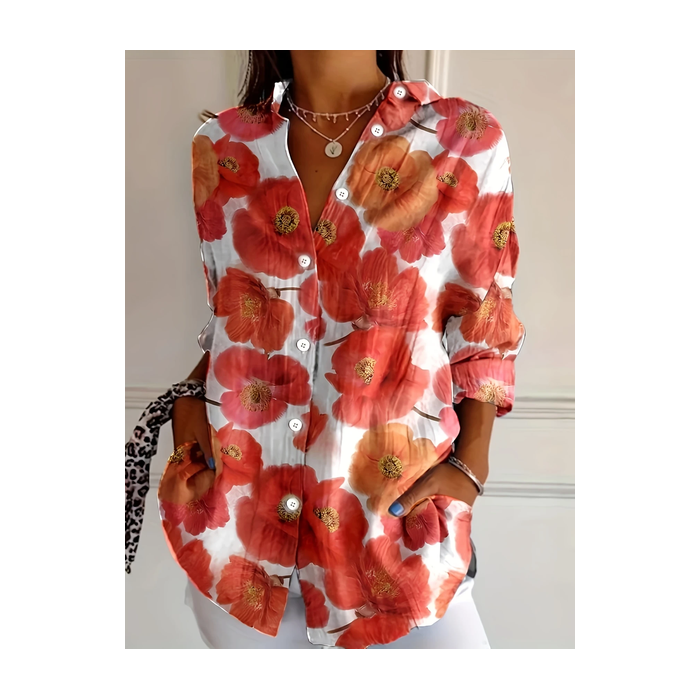 Women Floral Long Sleeve Shirt Spring/Fall Buckle Shirt Collar Daily Casual Top