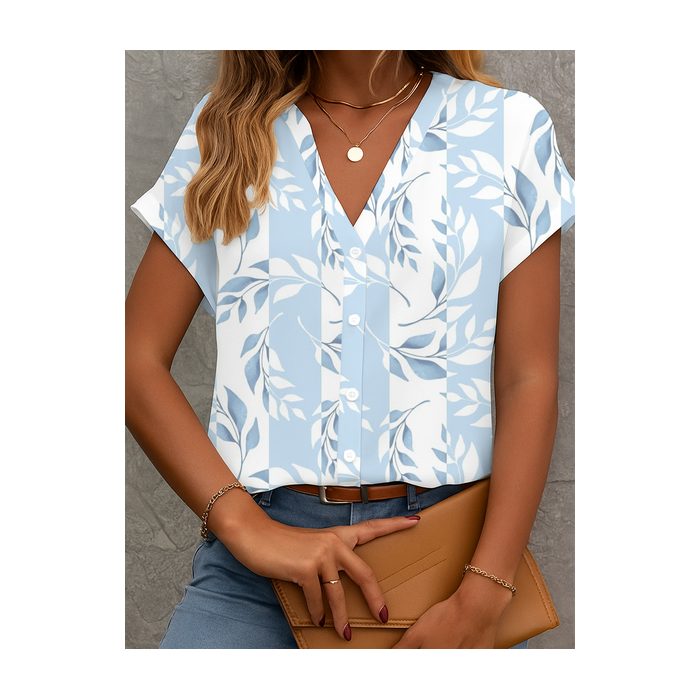 Women Floral Short Sleeve Shirt Summer Printing V Neck Daily Casual Top