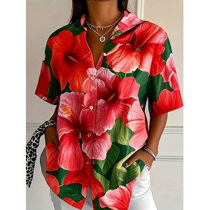 Women Floral Short Sleeve Shirt Summer Printing Shirt Collar Daily Casual Top