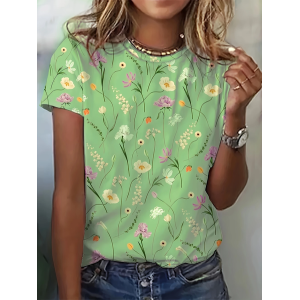 Women Floral Short Sleeve Tee T-shirt Crew Neck Printing Casual Summer Graphic Tee Top