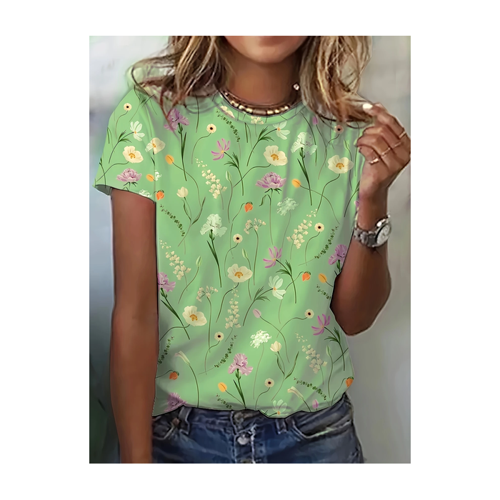 Women Floral Short Sleeve Tee T-shirt Crew Neck Printing Casual Summer Graphic Tee Top