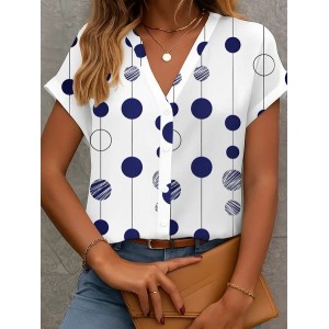 Women Polka Dots Short Sleeve Shirt Summer Printing V Neck Daily Casual Top