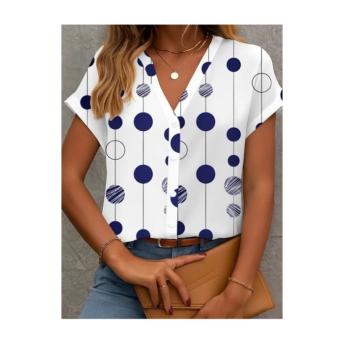 Women Polka Dots Short Sleeve Shirt Summer Printing V Neck Daily Casual Top