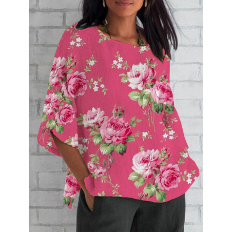 Women Floral Half Sleeve Tee T-shirt Crew Neck Casual Summer Top